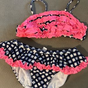Hartstrings girls 16 navy checked pink ruffle two piece swimsuit